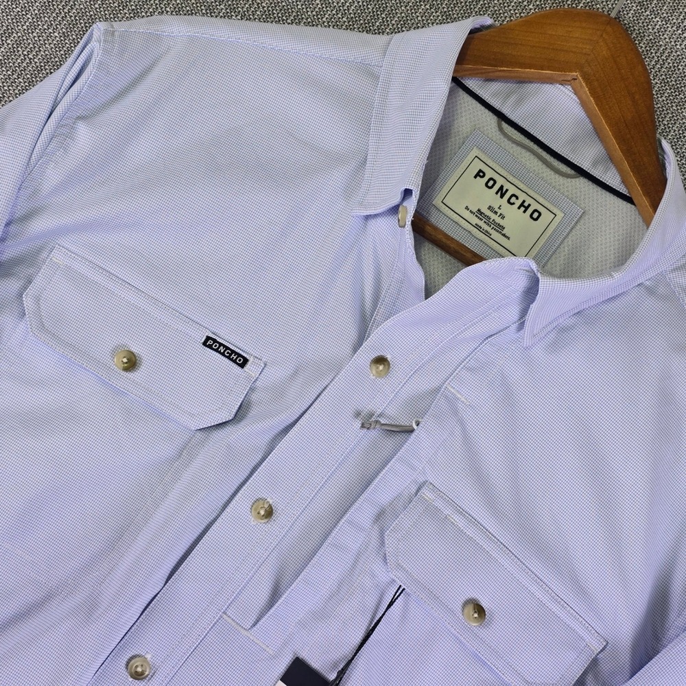 NWT Poncho Outdoors Technical Fishing Shirt Mens L Slim Fit Blue Micro Check NEW